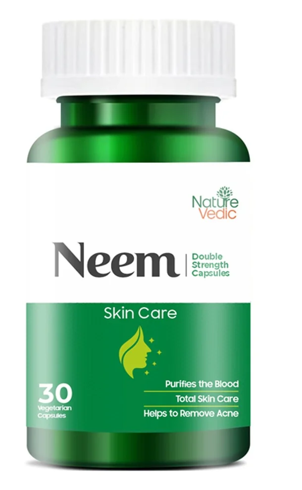 Nature Vedic Neem Double Strength Capsules - 450 Mg For Complete Skin Care | 30 Caps - 30 Capsules